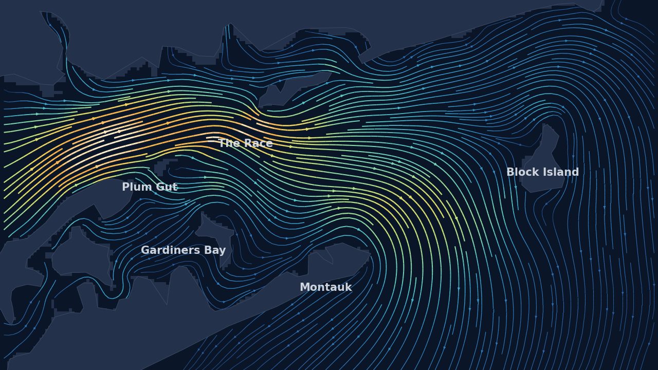 Tidal current flow through The Race, Plum Gut and Gardiners Bay
